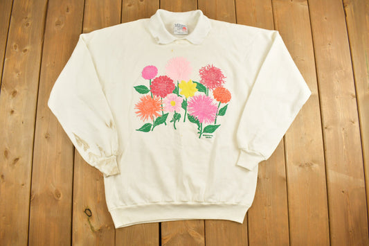 Vintage 1980s Morning Sun Floral Graphic Collared Sweatshirt / 90s Sweatshirt / Souvenir / Athleisure / Streetwear / Made In USA