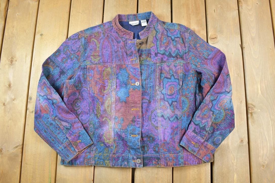 Vintage 1990s Chico Abstract Pattern Trippy Jean Jacket Made In USA