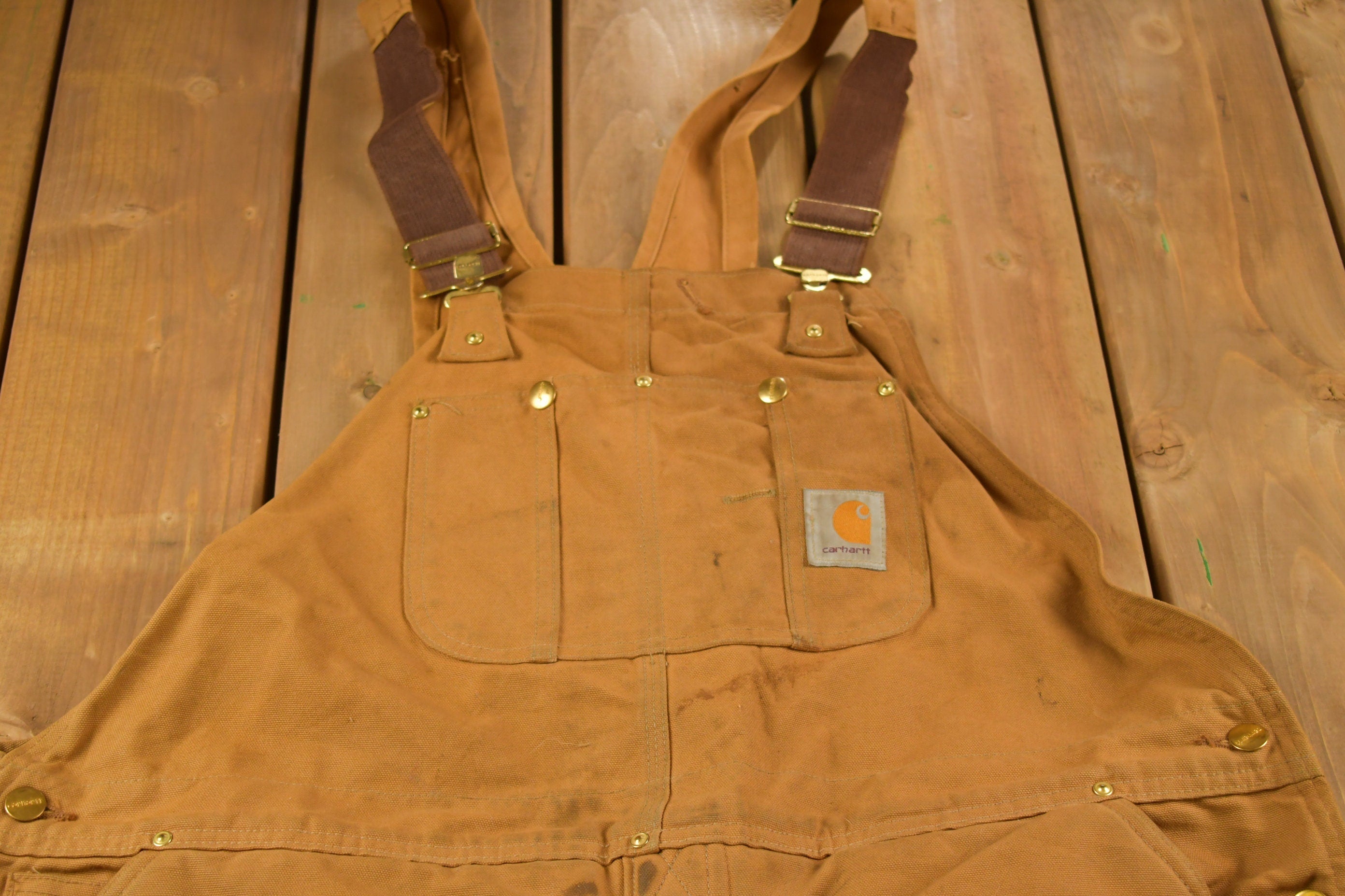 Vintage 1990s Carhartt Beige Double Knee Canvas Quilted Overalls Size 44 x 30
