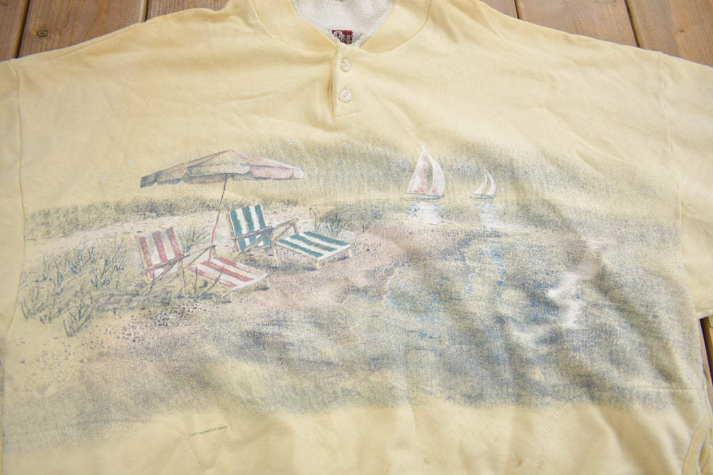 Vintage 1990s Beach Theme All Over Print Henley Sweater