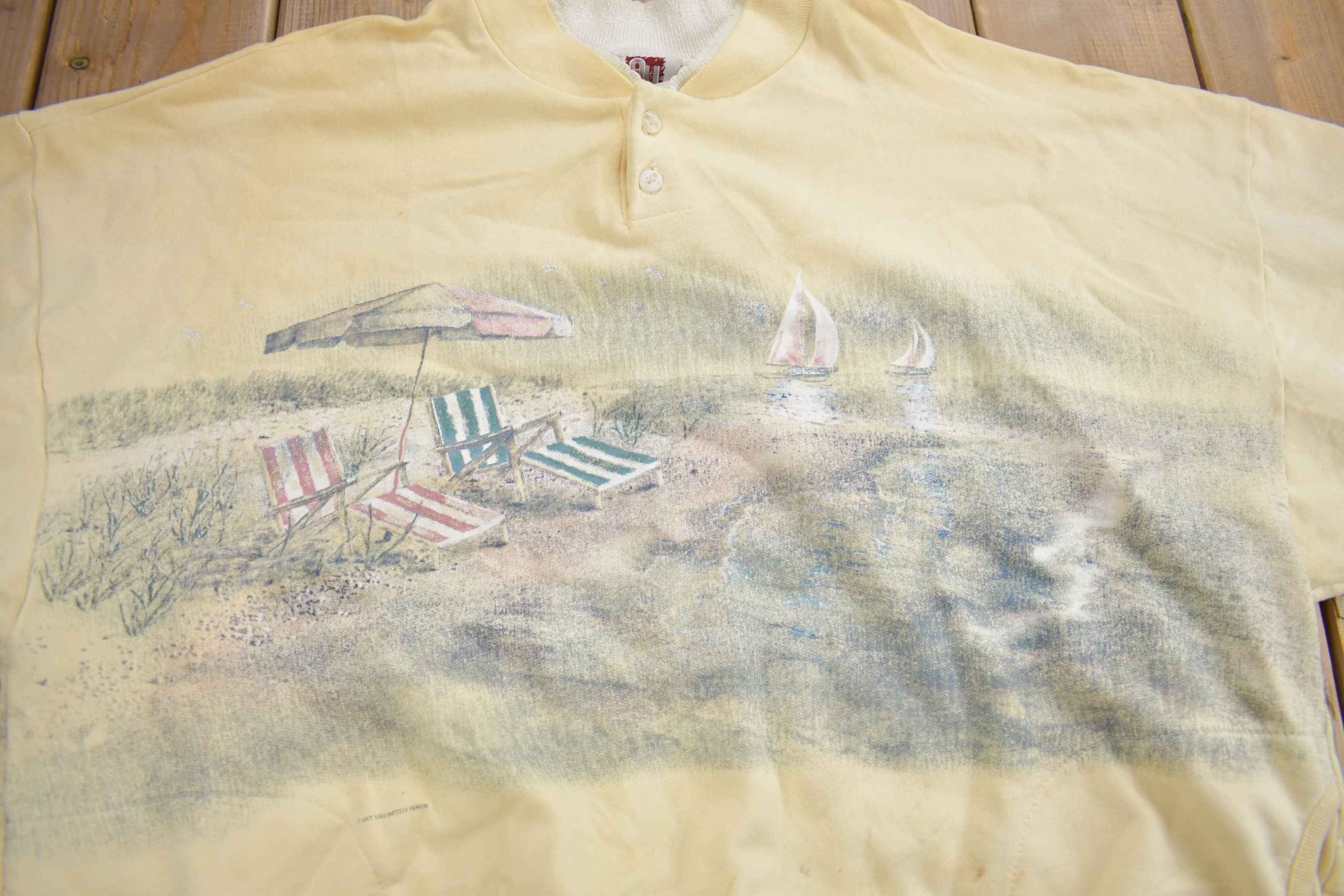 Vintage 1990s Beach Theme All Over Print Henley Sweater
