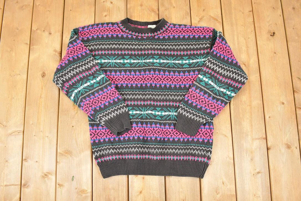 Vintage 1990s Snowflake Striped Knit AOP Crewneck Sweater Women's XL