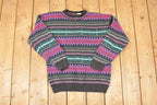 Vintage 1990s Snowflake Striped Knit AOP Crewneck Sweater Women's XL