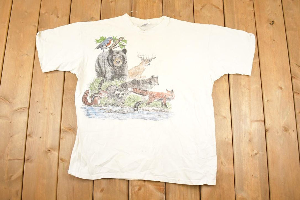 Vintage 1989 Harlequin Forest Animals FAB Outdoorsman Souvenir Travel T-Shirt Men's XL