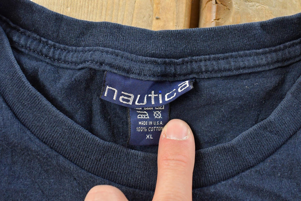 Vintage 1990s Nautica Spellout Graphic T Shirt Men's XL / Big Box Logo Print / 80s / 90s / Streetwear / Preppy / Made In USA