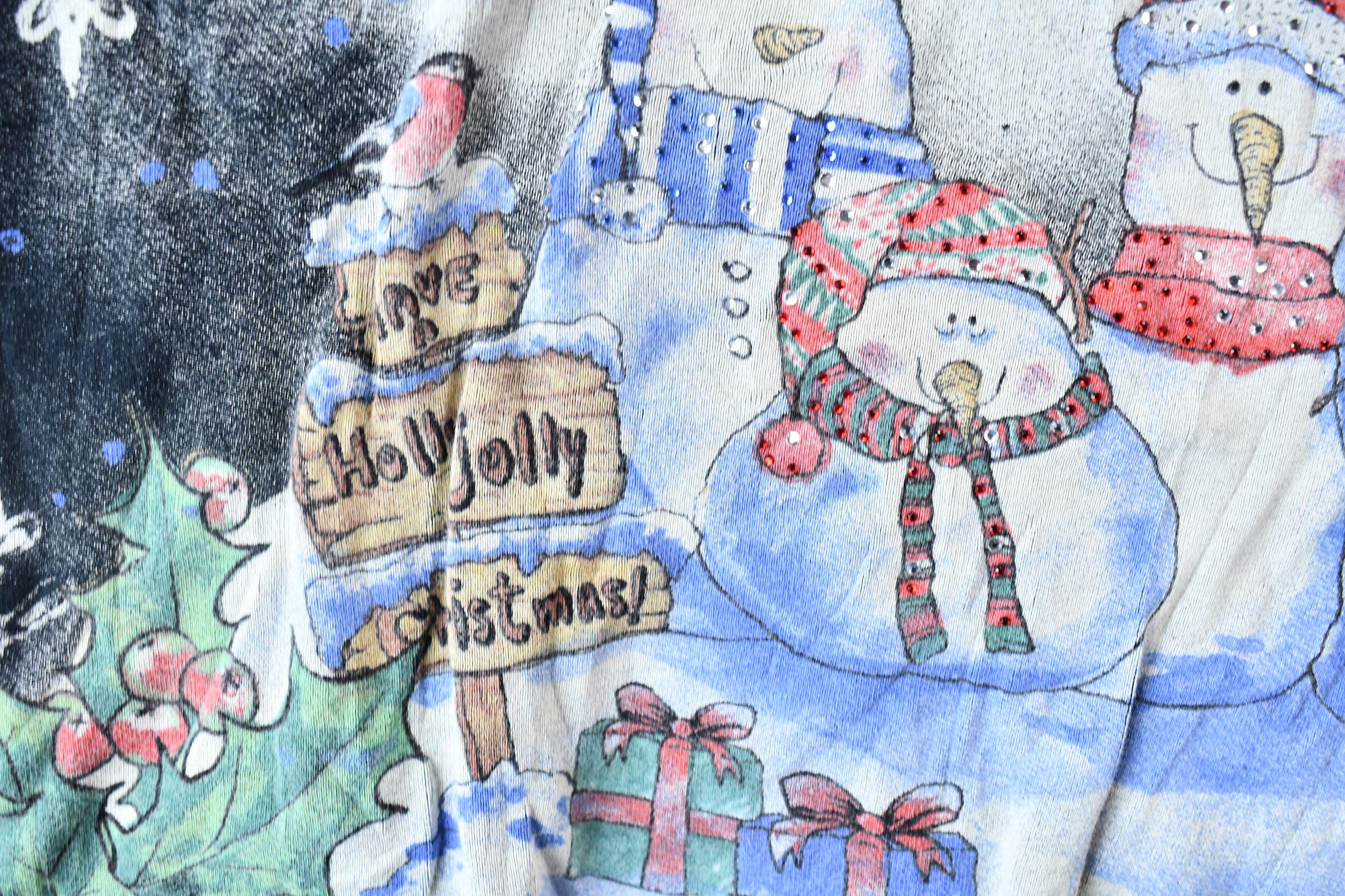 Vintage 1990s Cute Winter Scene All-Over-Print Textured Graphic Long-Sleeve Grandma T-Shirt