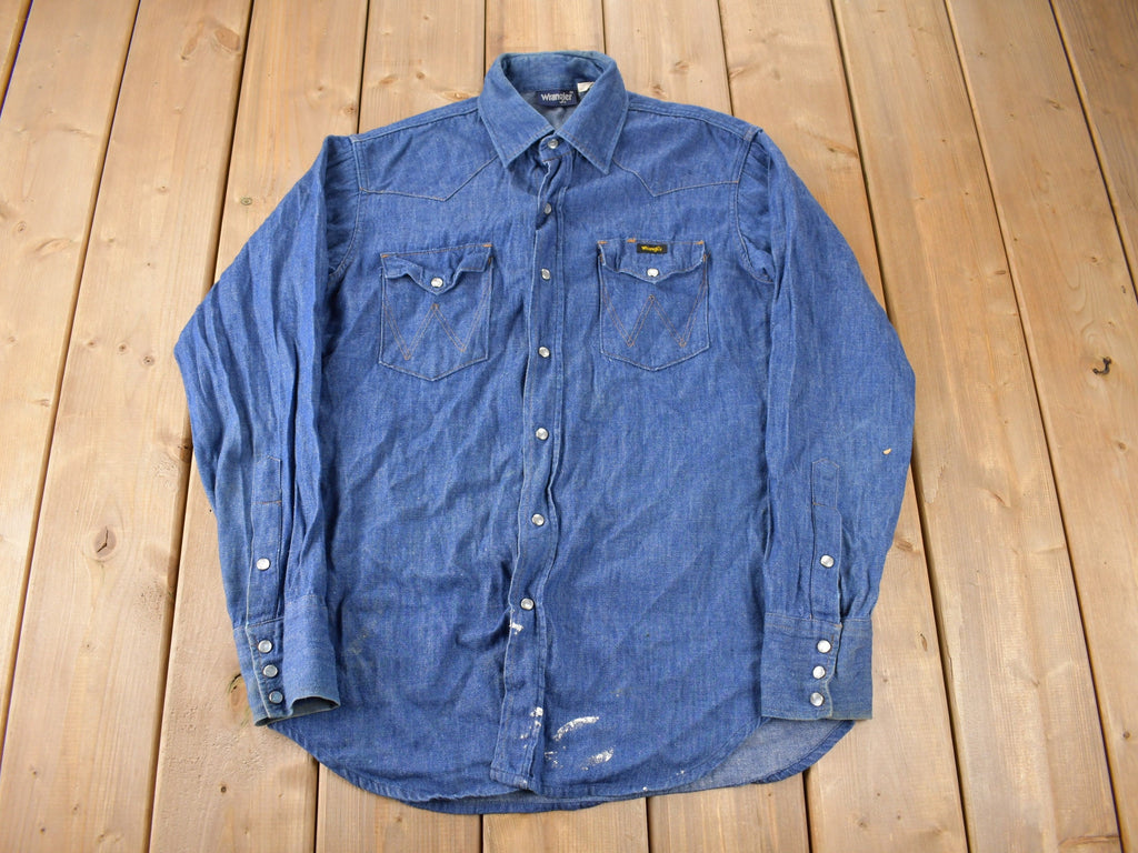 Vintage 1990s Wrangleer South Western Style Denim Pearl Snap Button Up Shirt Size M