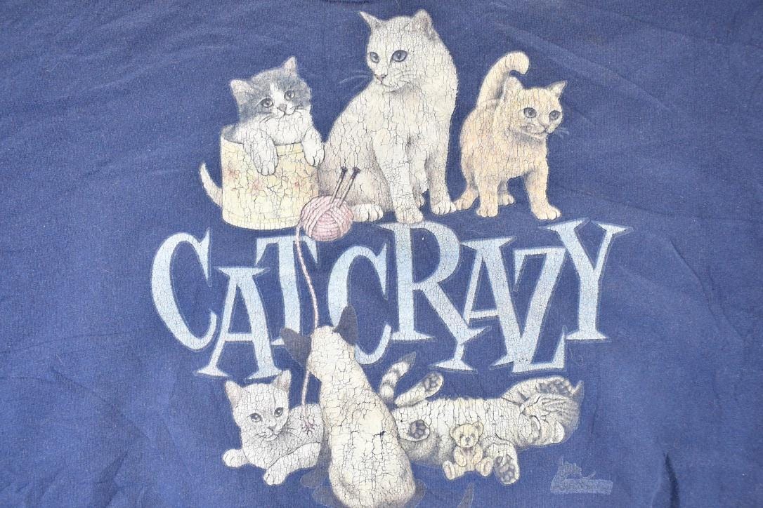 Vintage 1990s Cute Cat Crazy Graphic Print Crewneck Sweatshirt Men's XL