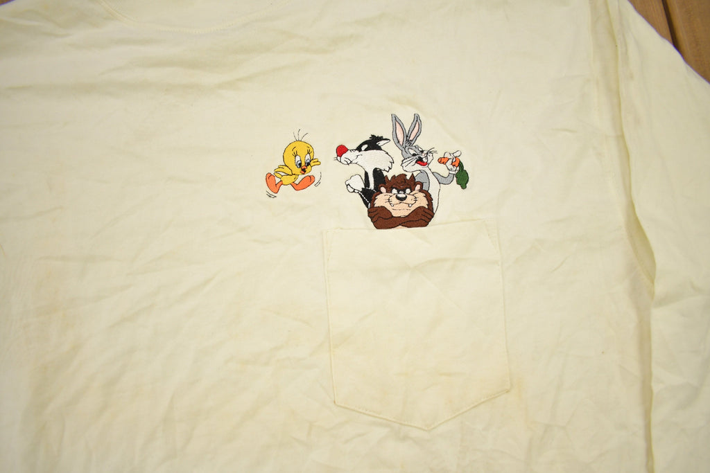Vintage 1990s Looney Tunes Embroidered Mock Neck Pocket Shirt