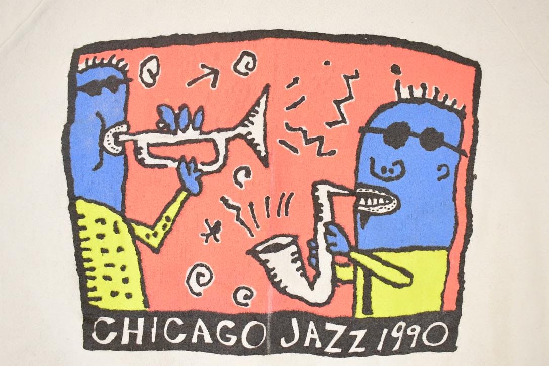 Vintage 1990 Chicago Jazz Music Cartoon Graphic Print Crewneck Sweatshirt Men's L