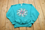 Vintage 1990s Turquoise Floral Theme Crewneck Sweater