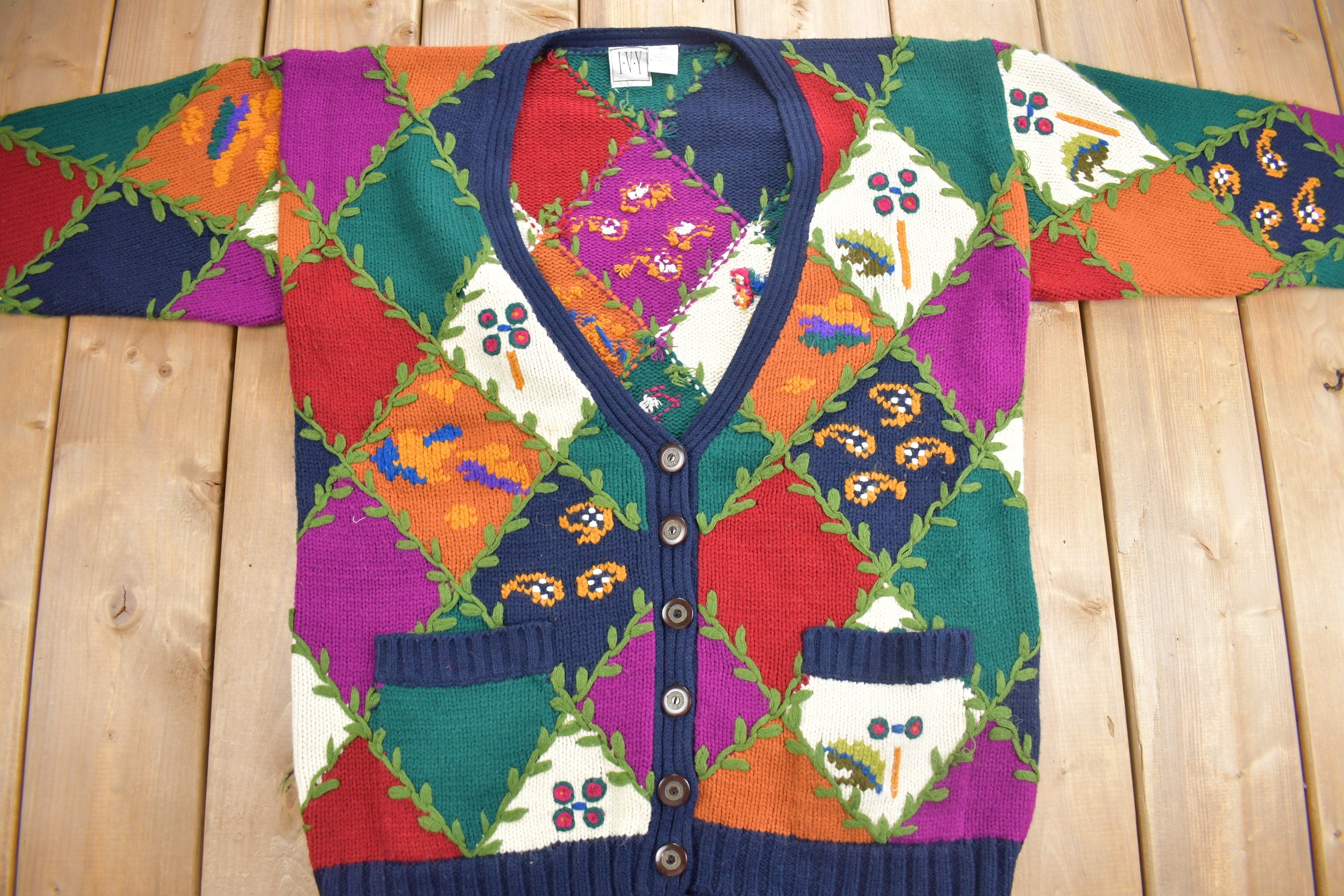 Vintage 1990s IVY Argyle Patchwork Knit Cardigan Sweater Ivy Themed