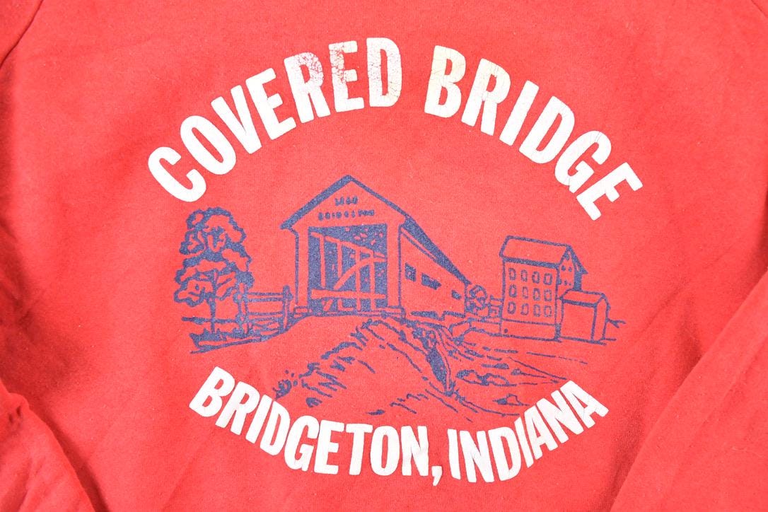 Vintage 1980s Covered Bridge Bridgeton Indiana Outdoorsman Crewneck Sweatshirt Mens L
