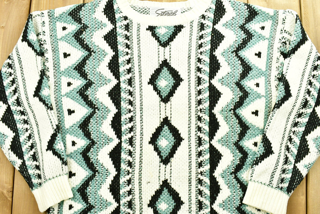 Vintage Aztec Knitted Sweater / Vintage 90s Crewneck / Grandpa Sweater / Hand Knit / Pullover Sweatshirt / Steel