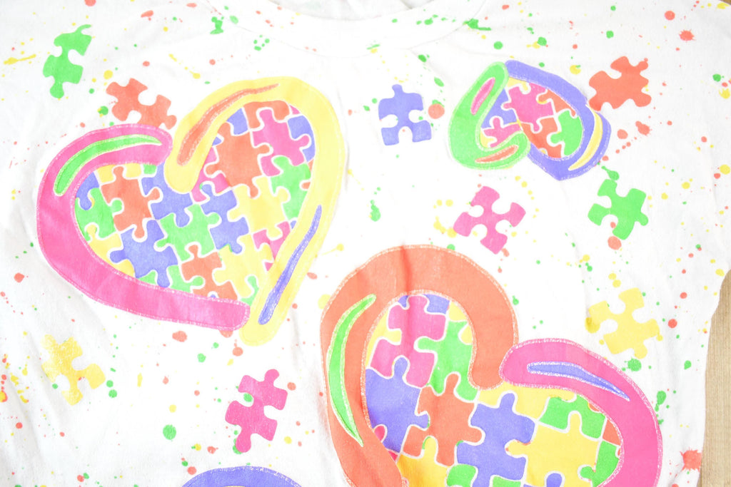 Vintage 1990s Andover Togs Puzzle Hearts Souvenir All Over Print T-Shirt Women's S