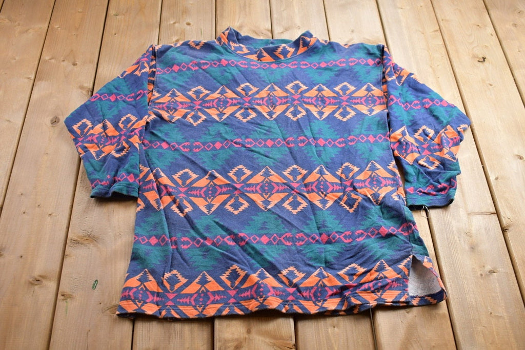 Vintage 1990s Nuovo All Over Print Funky Pattern Crewneck Sweatshirt / 90s Crewneck / Aztec Theme / Colourful / Streetwear / 90s Sweatshirt
