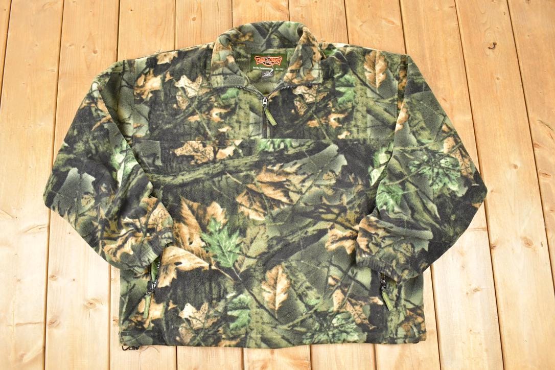 Vintage 1990s Trail Crest AOP Woodland Camo Quarter Zip Fleece Outdoorsman Sweater Men's XL