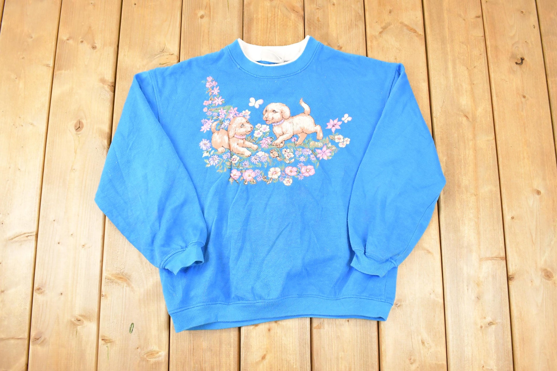 Vintage 1990s Basic Editions Cute Puppy Double Collar Graphic Print Crewneck Sweatshirt Women's L / Made In USA / 90's Destination Sweater
