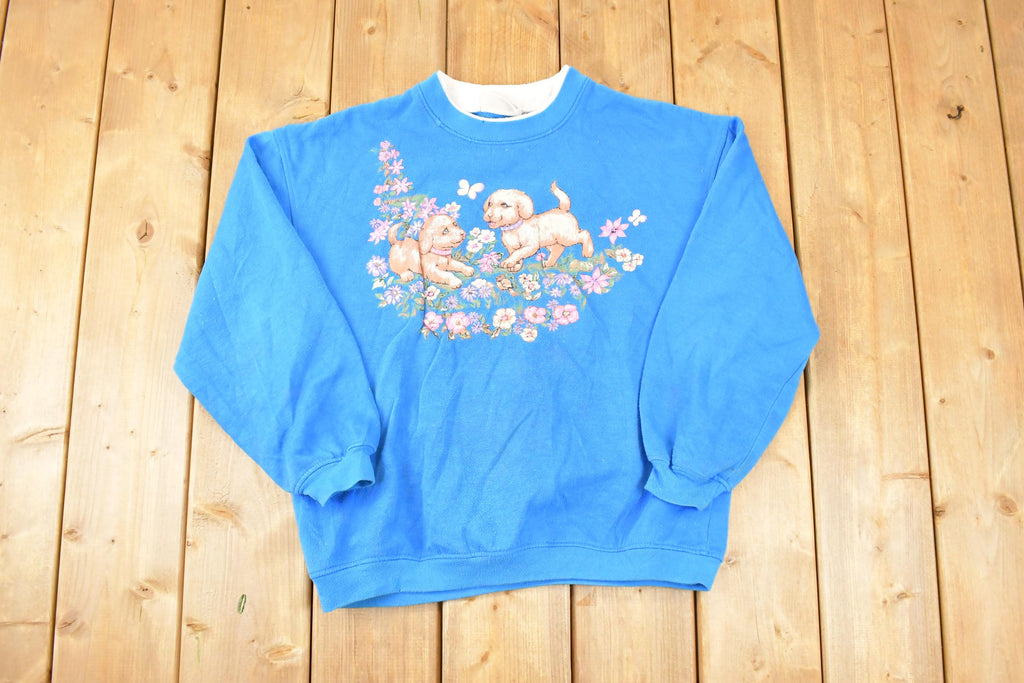 Vintage 1990s Basic Editions Cute Puppy Double Collar Graphic Print Crewneck Sweatshirt Women's L /