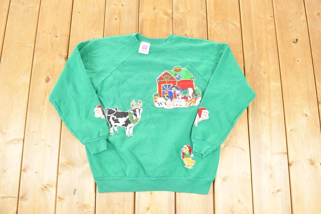 Vintage 1990s Christmas Farm Cow Patchwork Crewneck Sweatshirt Women's L