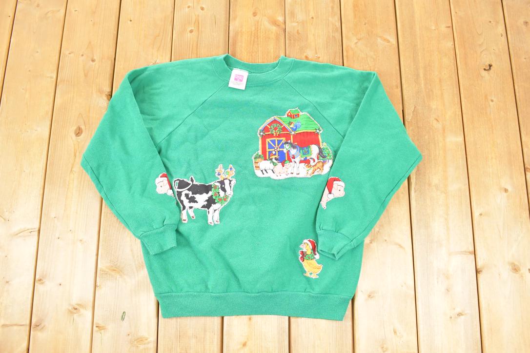 Vintage 1990s Christmas Farm Cow Patchwork Crewneck Sweatshirt Women's L