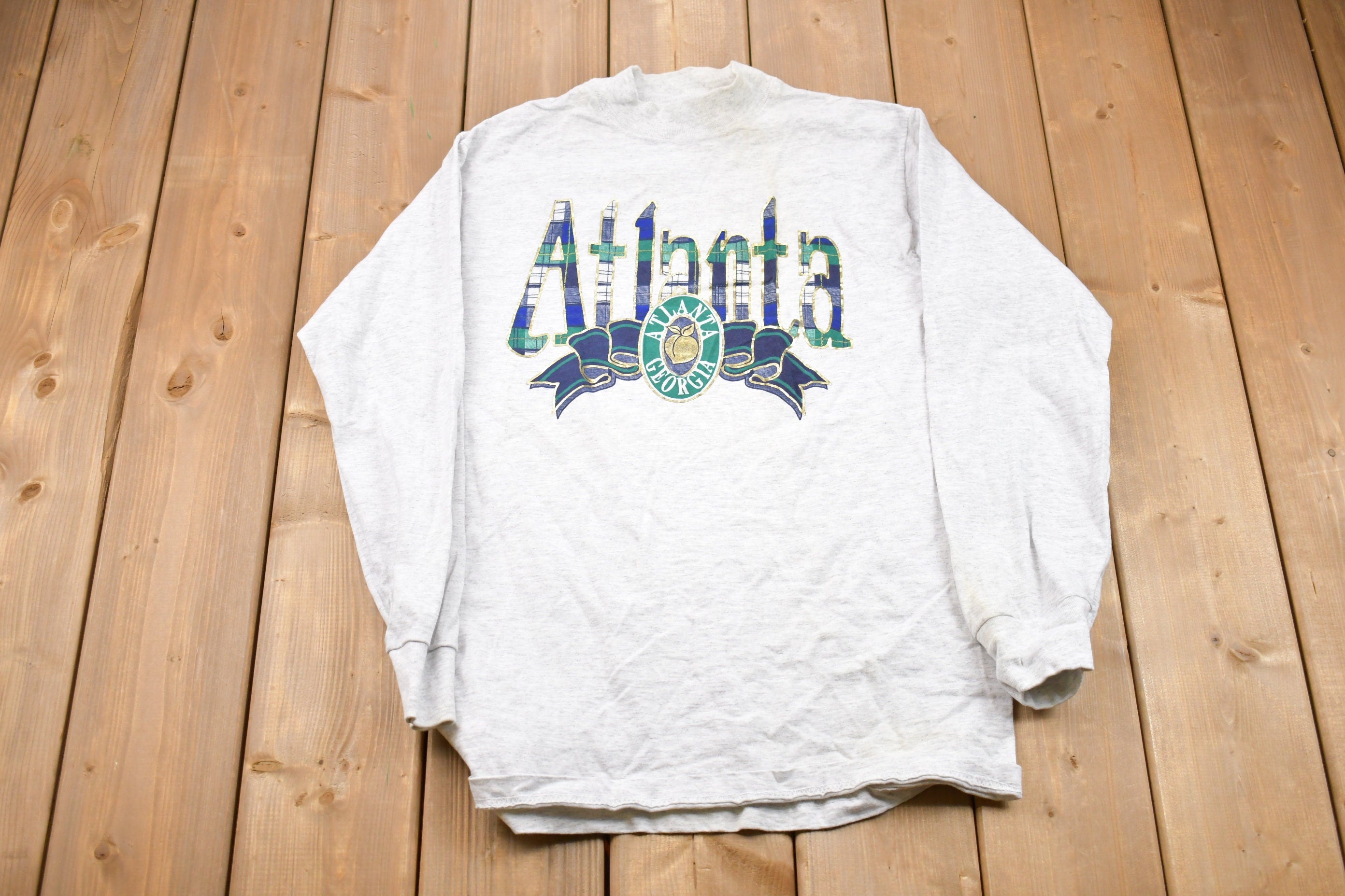 Vintage 1990s Atlanta Georgia Embroidered Plaid Crewneck Sweatshirt