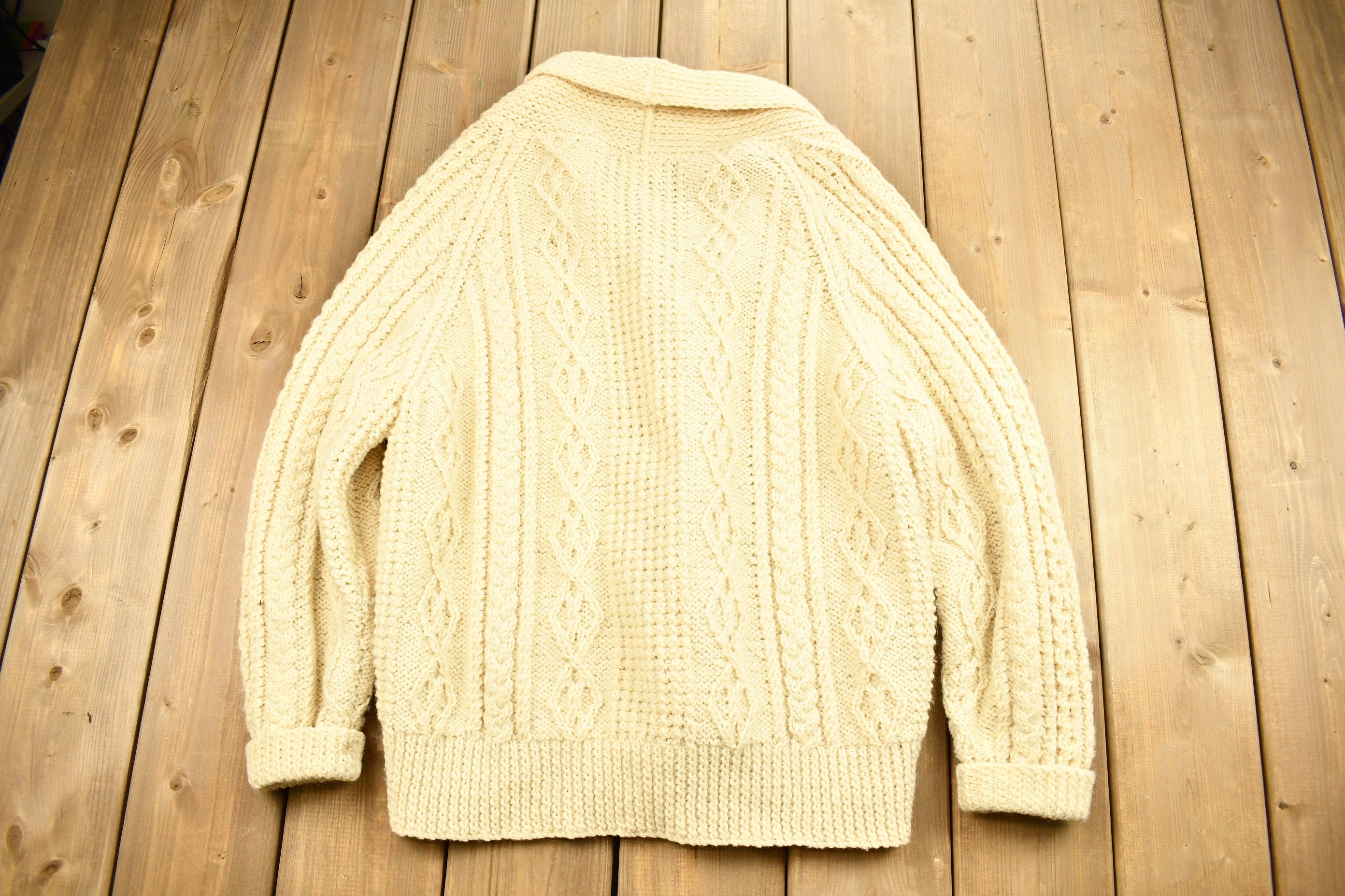 Vintage 1980s Scottish Craft Made 3D Cable Knit Button Up Sweater
