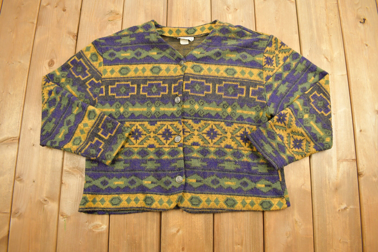 Vintage 1980s Ashly Brent Knitted Cardigan / Vintage 80s Cardigan / Pattern Sweater / Outdoorsman / Winter / Abstract Design