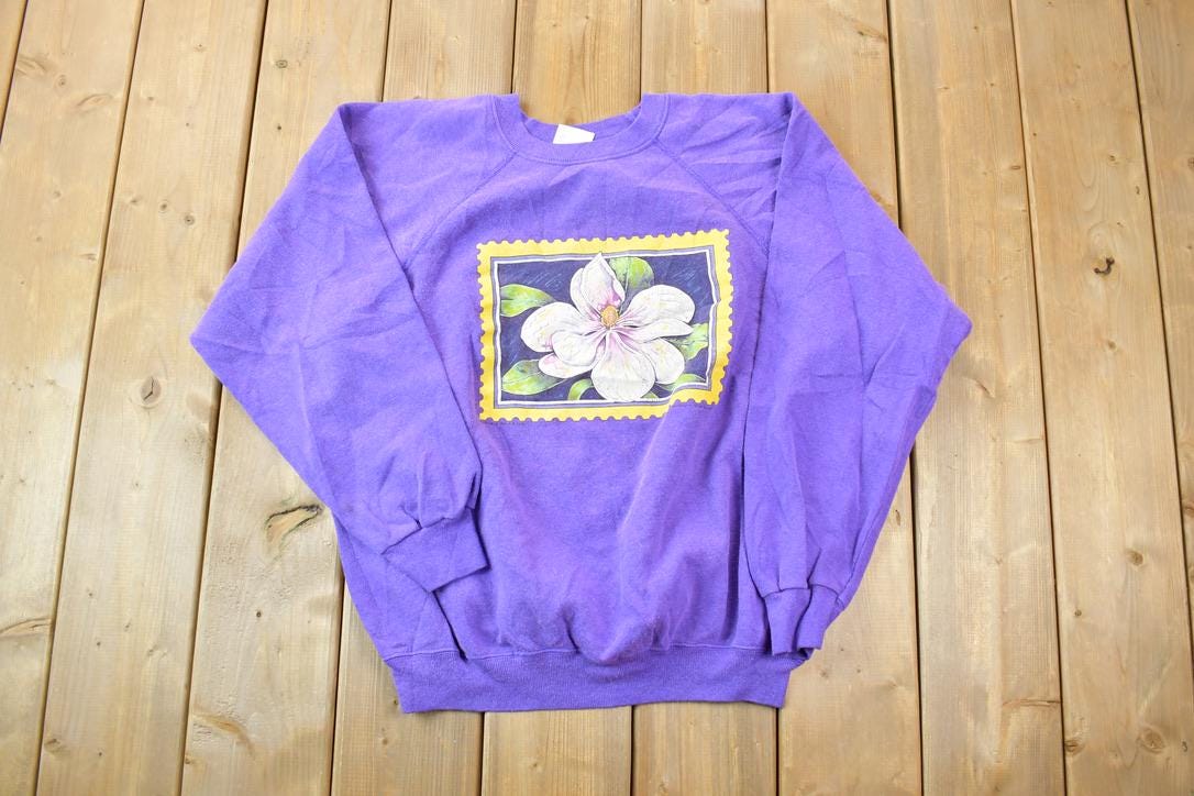 Vintage 1990s Cute Floral Stamp Print Crewneck Sweater