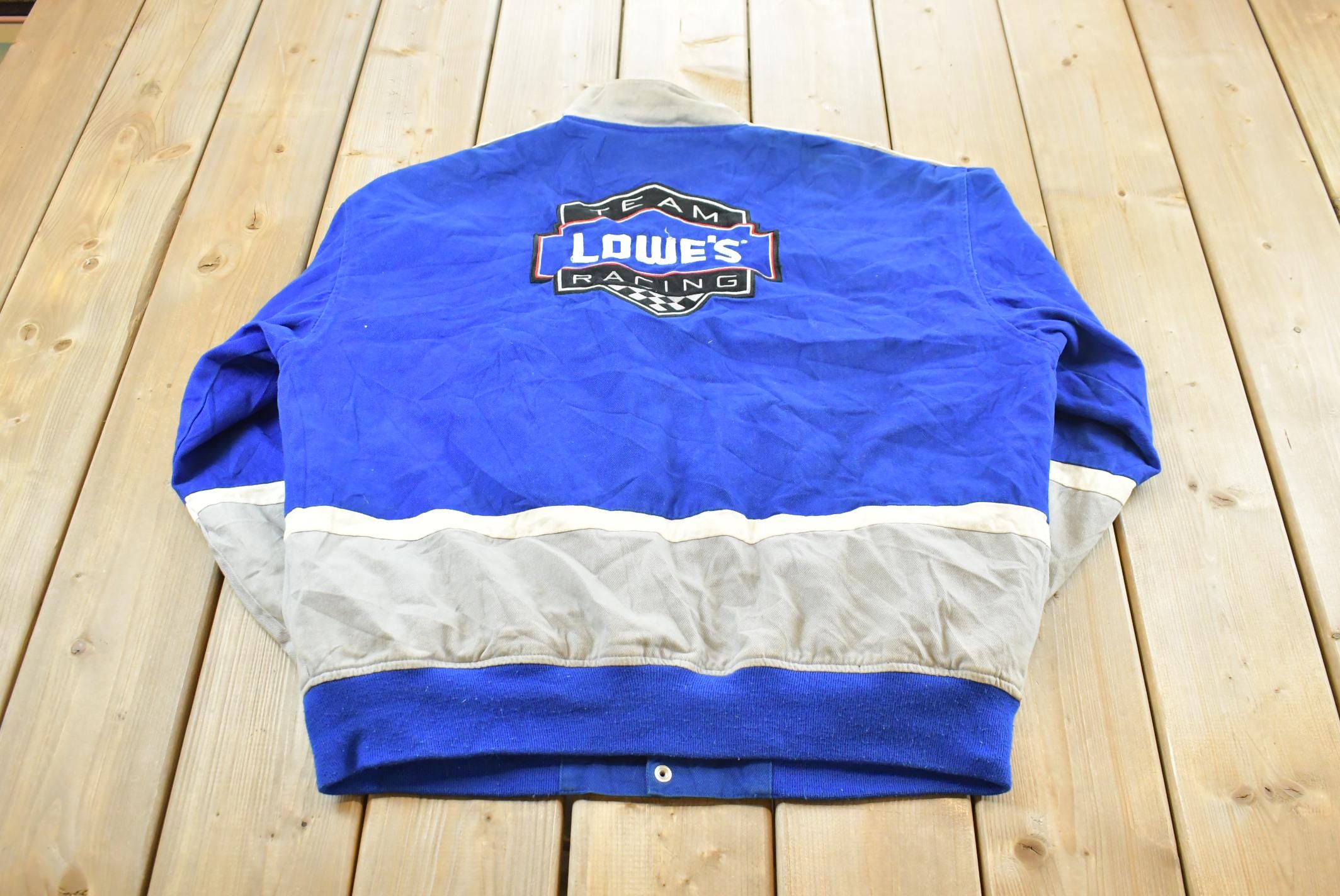Vintage 1990s NASCAR Jimmie Johnson Lowes Racing Jacket Mens XL / 90s Streetwear Fashion / Embroidered / Patchwork / Color Block