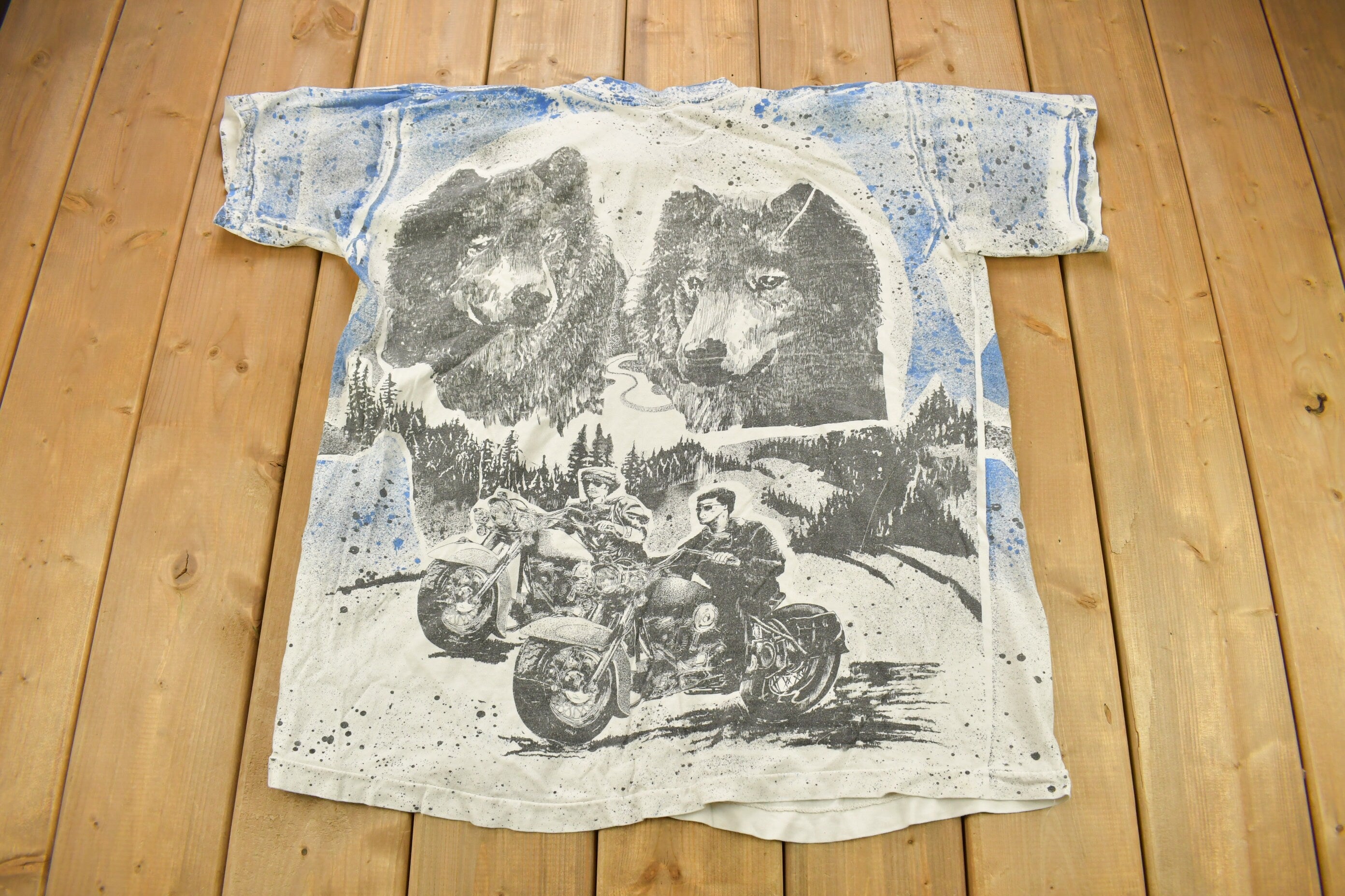 Vintage 1990s All over Print Motorcycle Wolf and Biker Graphic T-Shirt