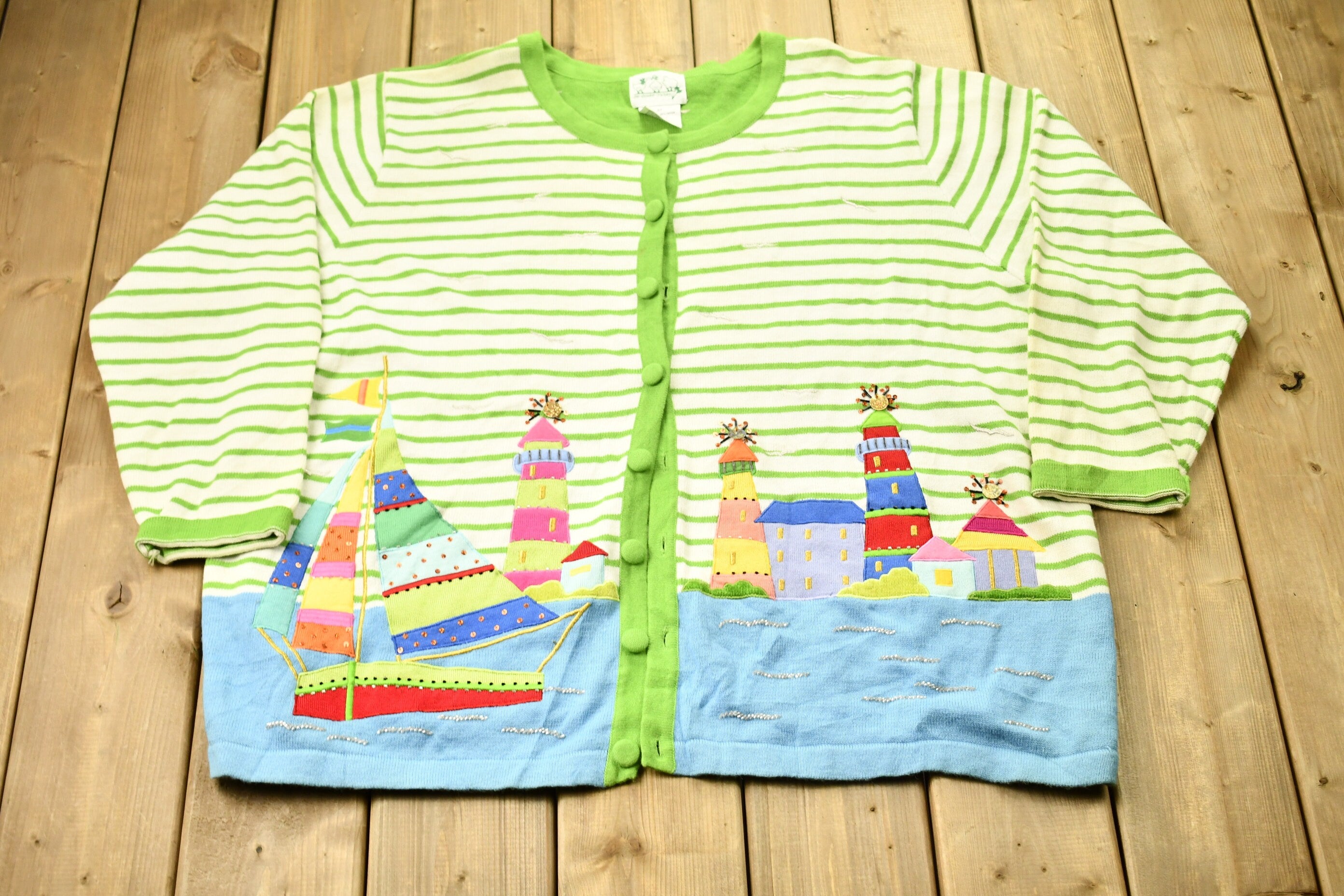 Vintage 1990s The Quacker Factory Striped Cardigan  90s Cardigan  Vintage Boat Graphic  Outdoor  Winter Sweater