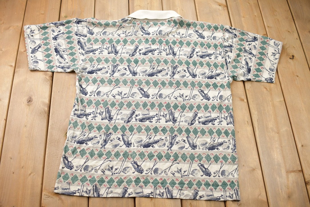 Vintage 1990s Bugle Boy Golf All Over Print Collared Polo Shirt