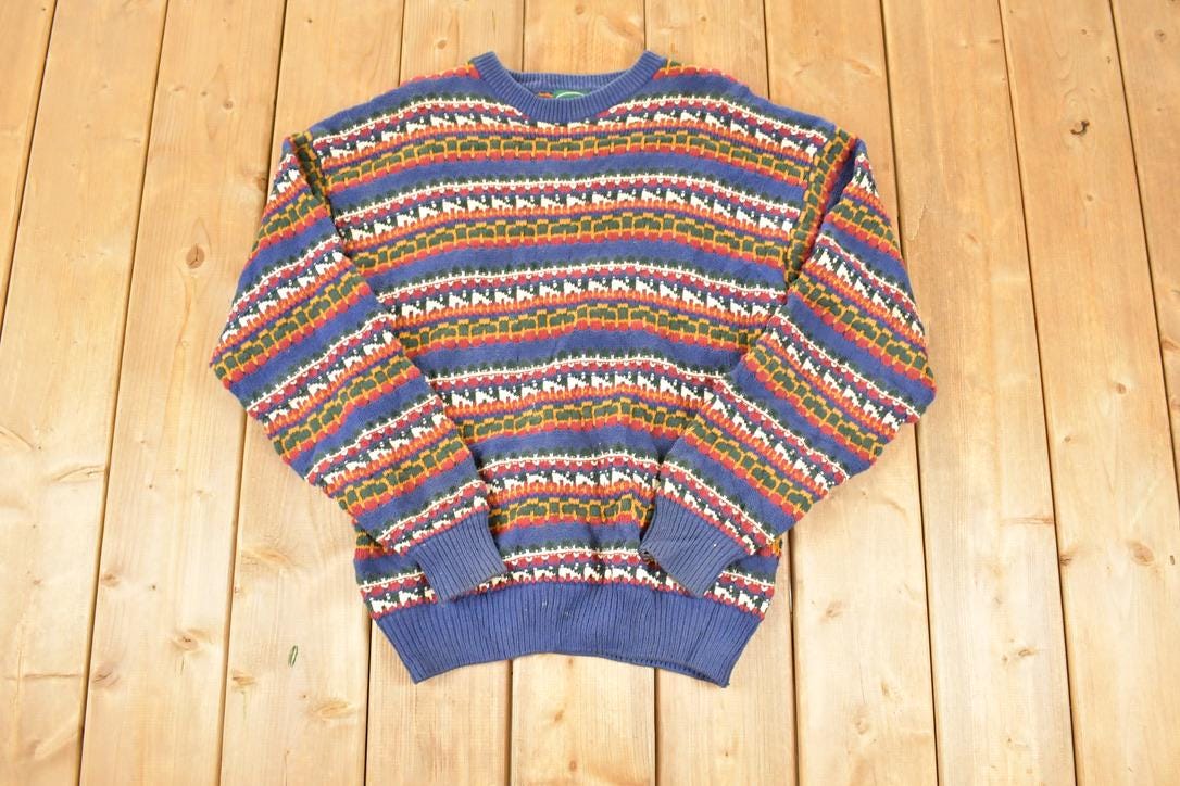 Vintage 1990s Izod Abstract Striped Knit Crewneck Sweater Men's M
