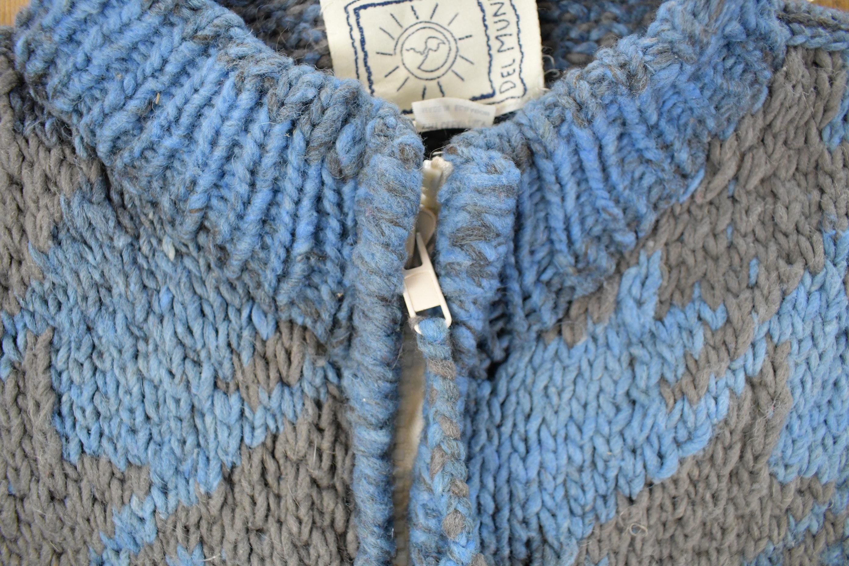 Vintage 1980s Del Mundo Wool Hand Knit Full Zip Sweater Men's Large