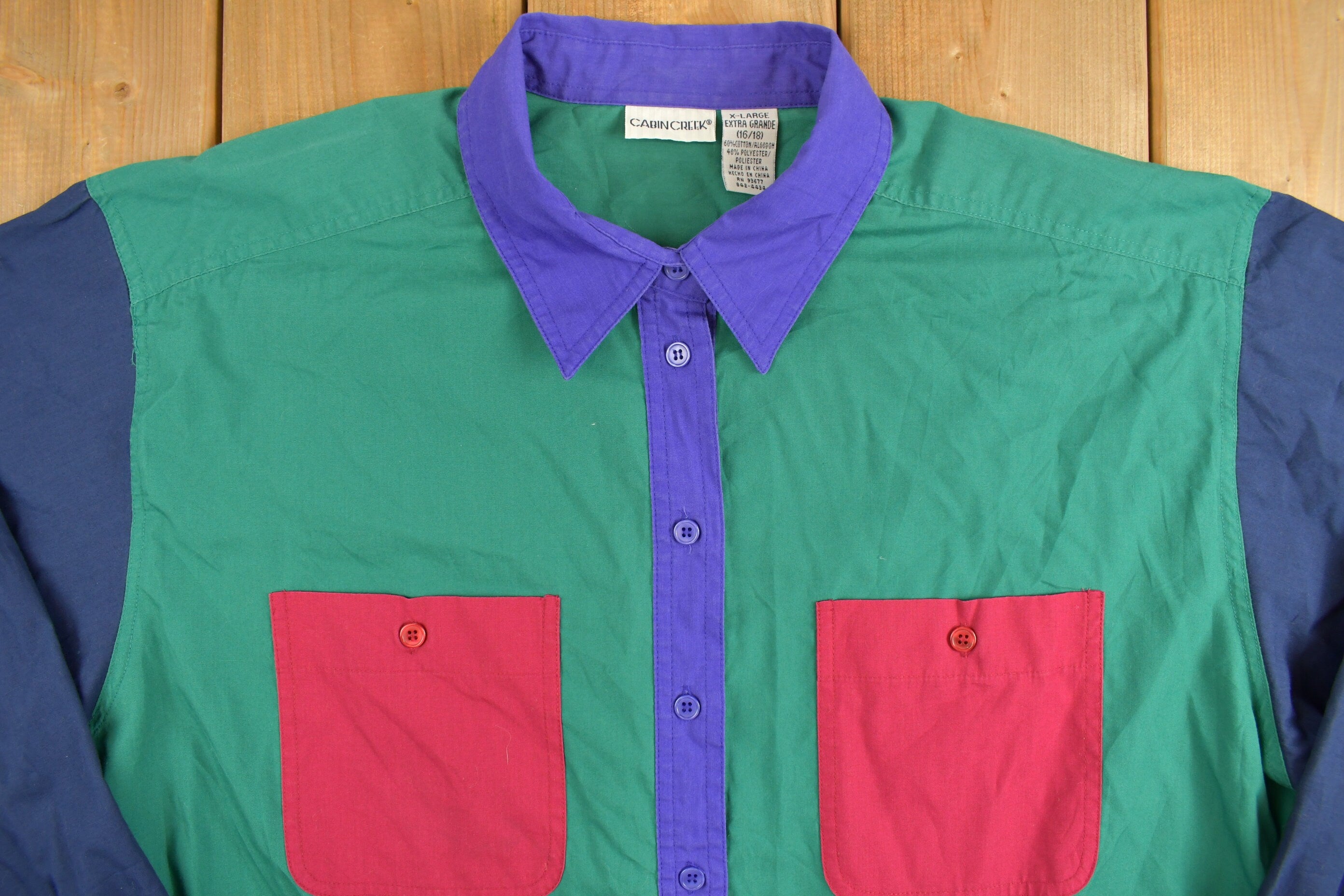 Vintage 1990s Womens Cabin Creek Colorblock Theme Button Up Shirt