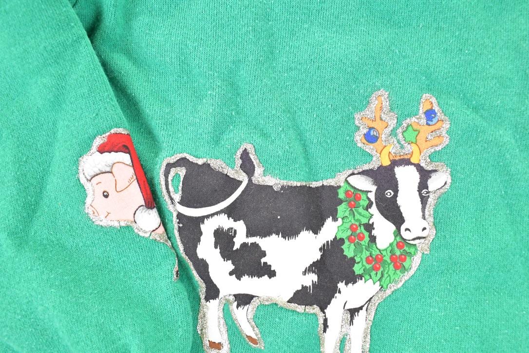 Vintage 1990s Christmas Farm Cow Patchwork Crewneck Sweatshirt Women's L