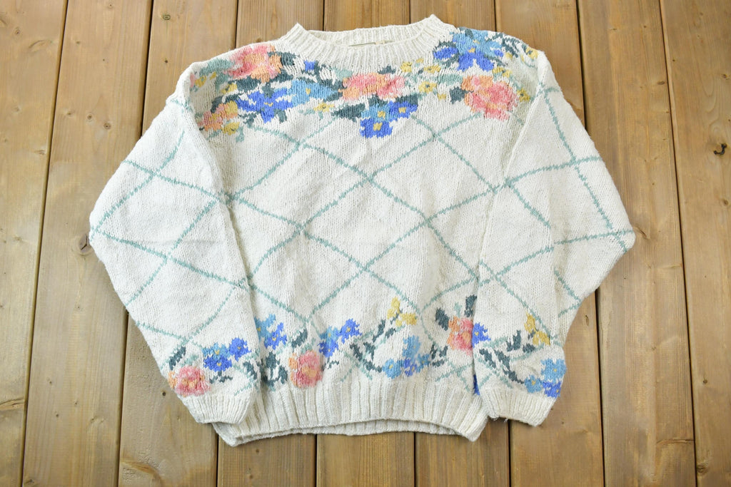 Vintage 1990s LL Bean Floral Design Knit Crewneck Sweater / 90s Crewneck / Made In USA / Preppy Knit