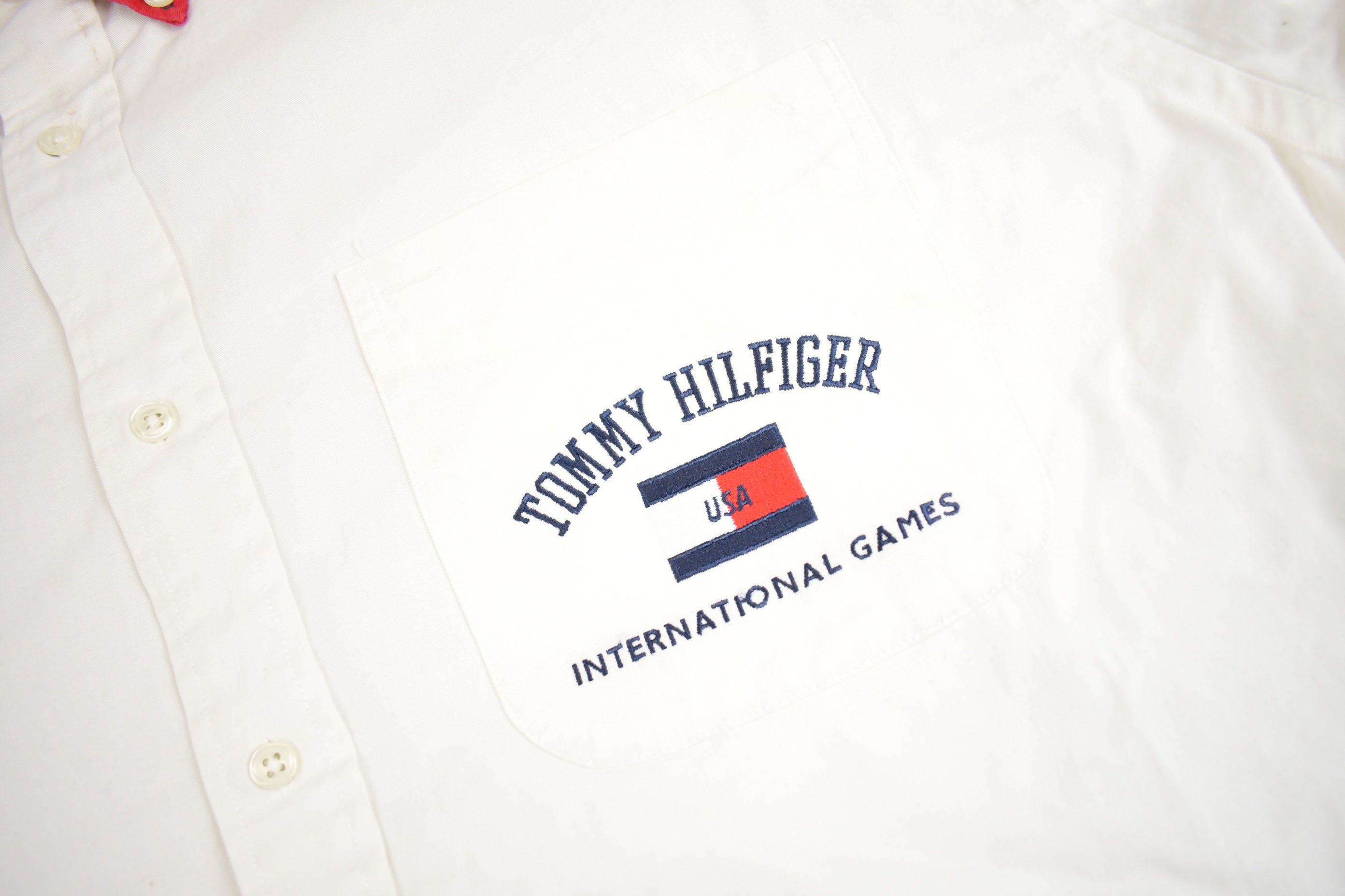 Vintage 1990s Tommy Hilfiger International Games Flag Patch Button Up Shirt  1990s Button Up  Vintage Tommy  90s Style