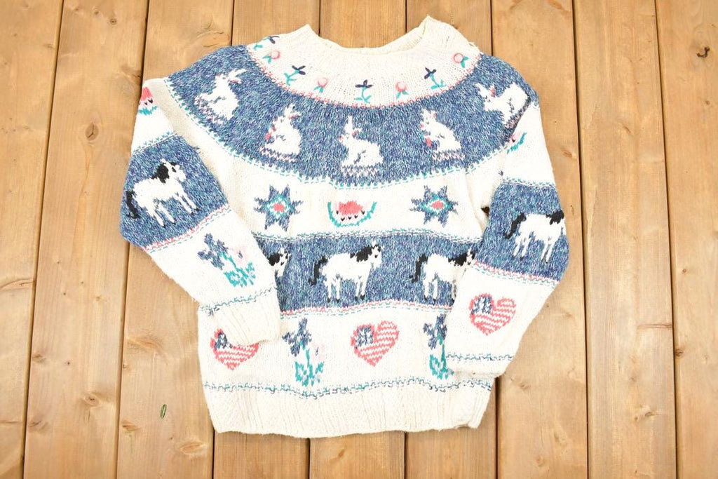 Vintage 1990s Woolrich Chunky Knit AOP Farm Theme Crewneck Sweater Women's S