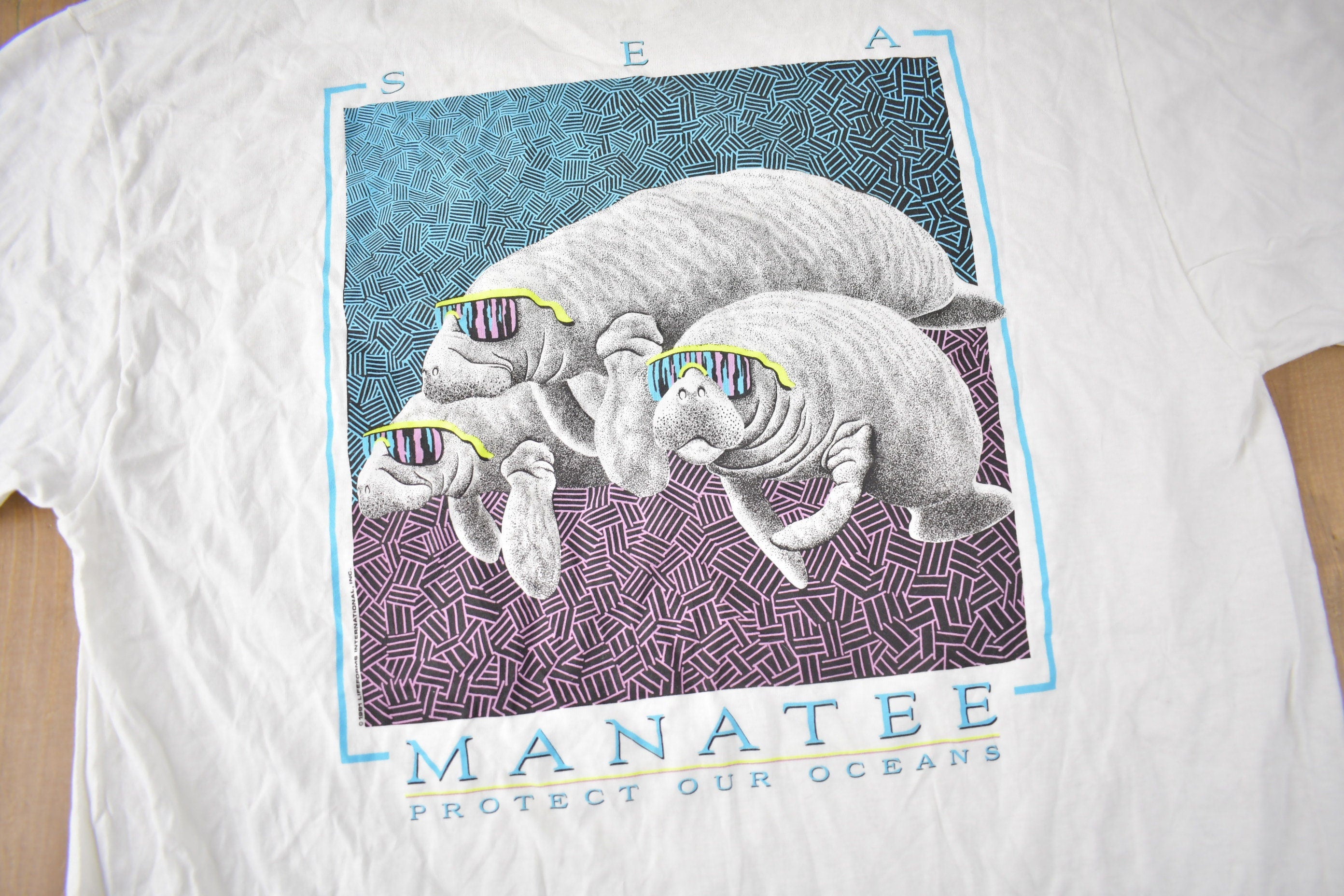 Vintage 1990s Sea Manatee Protect Our Oceans Single Stitch Graphic T-Shirt Made In USA