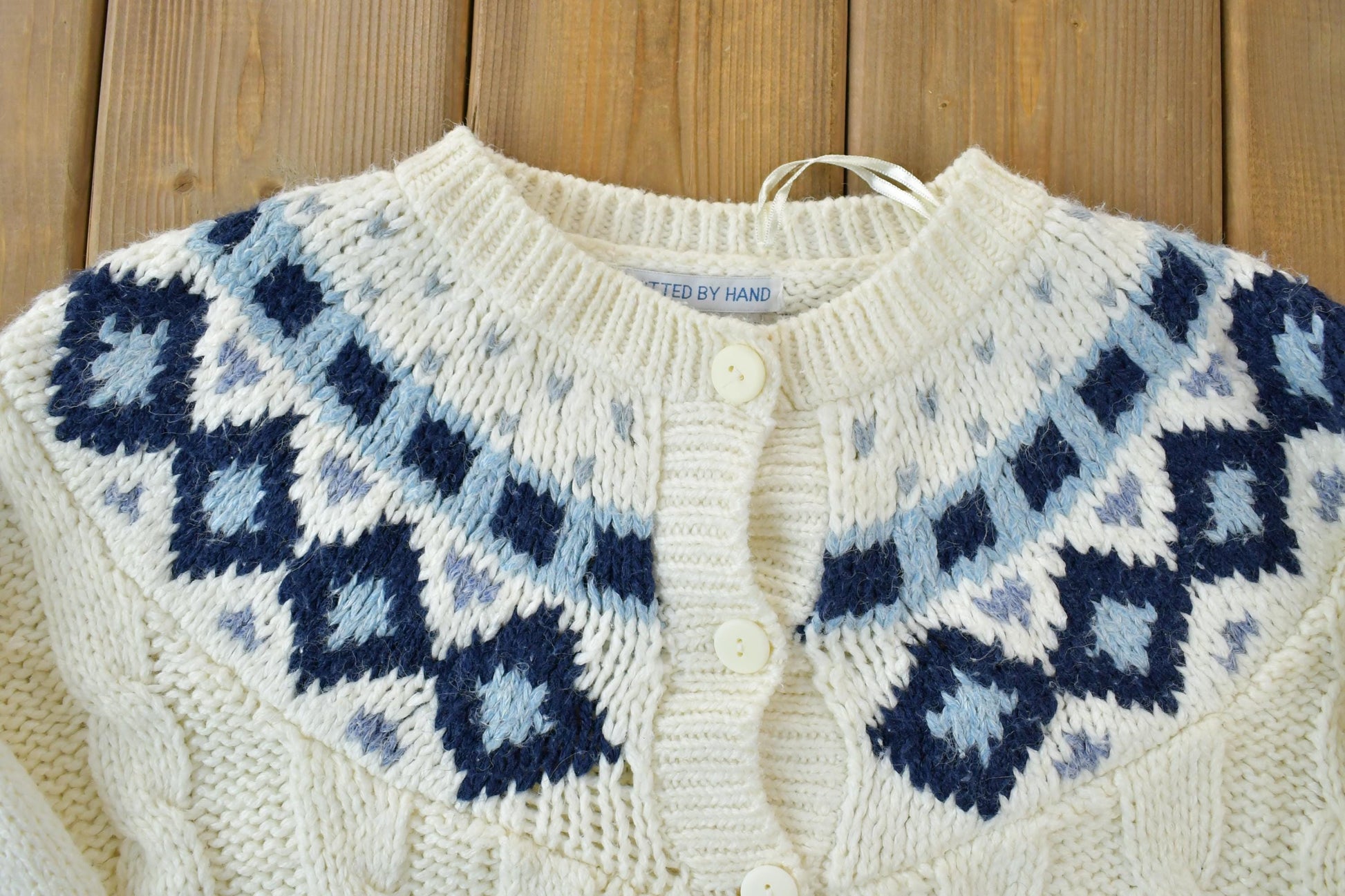 Vintage 1990s Backroad Blues Knitted By Hand Button Up Knit Crewneck Sweater /