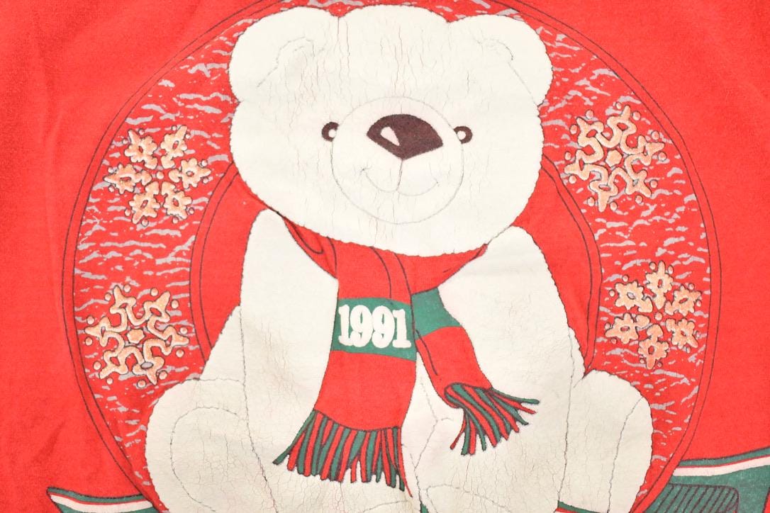 Vintage 1991 Cute Teddy Bear North Pole Christmas Crewneck T Shirt Men's L