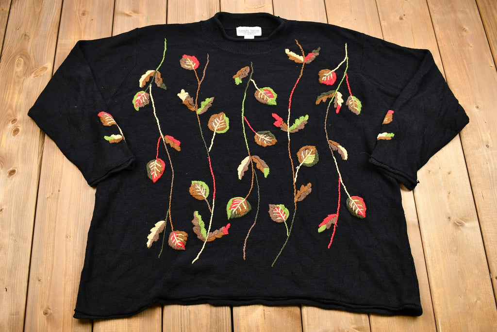 Vintage Autumnal Leaves Embroidered Knit Sweater
