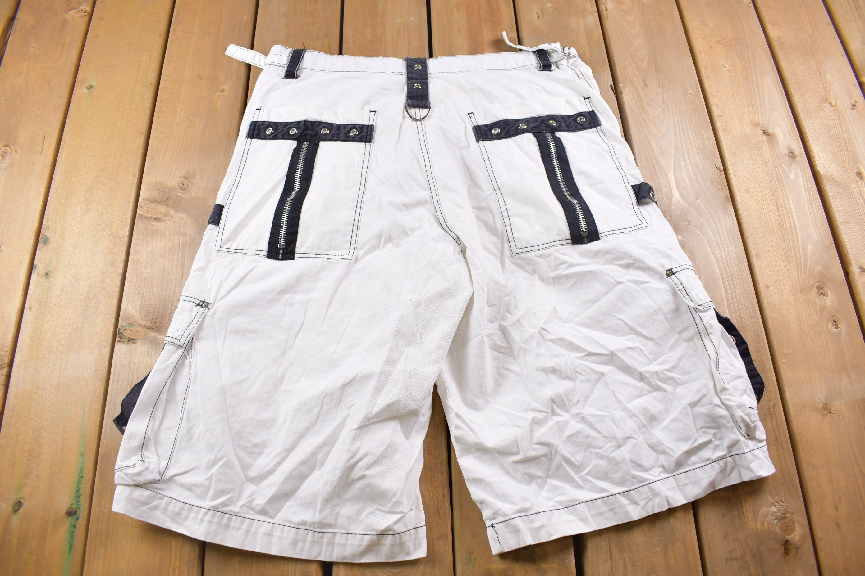Vintage 1990s Trip NYC Straps & Chains Jean Shorts 38 x 15  90s Shorts  Streetwear Fashion  Bottoms  Light Wash  Vintage Jeans Jorts