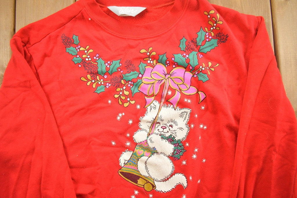 Vintage 1990s Cute Christmas Kitten Crewneck Sweater