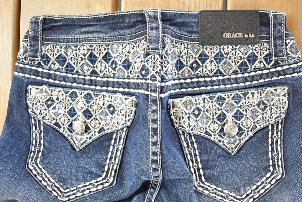 Vintage Deadstock Y2K Grace In LA Bedazzled Bootcut Low Rise Jeans Women's Size 27 x 32
