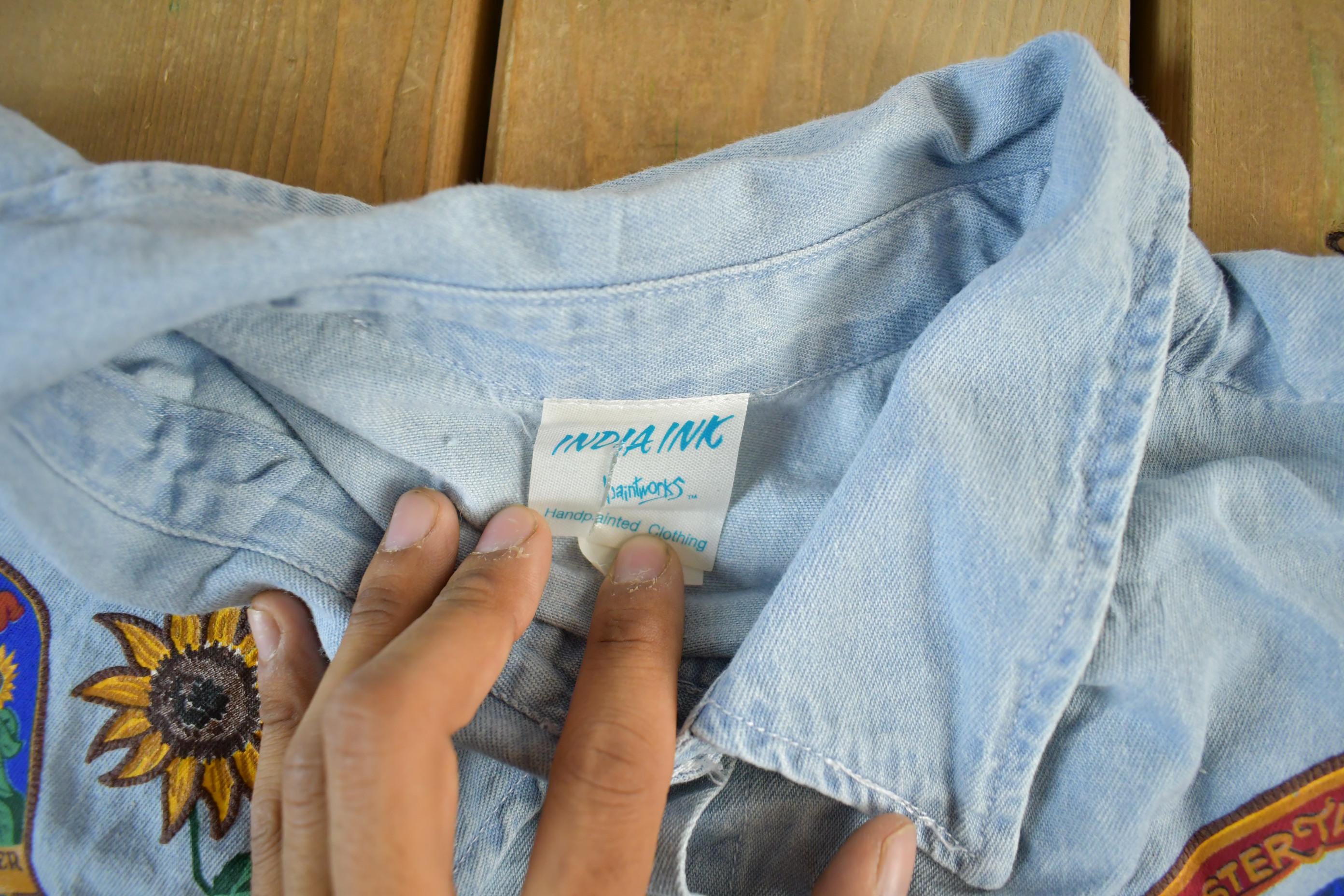 Vintage 1990s India Ink Hand Painted Denim Button Up Shirt Women's 3X