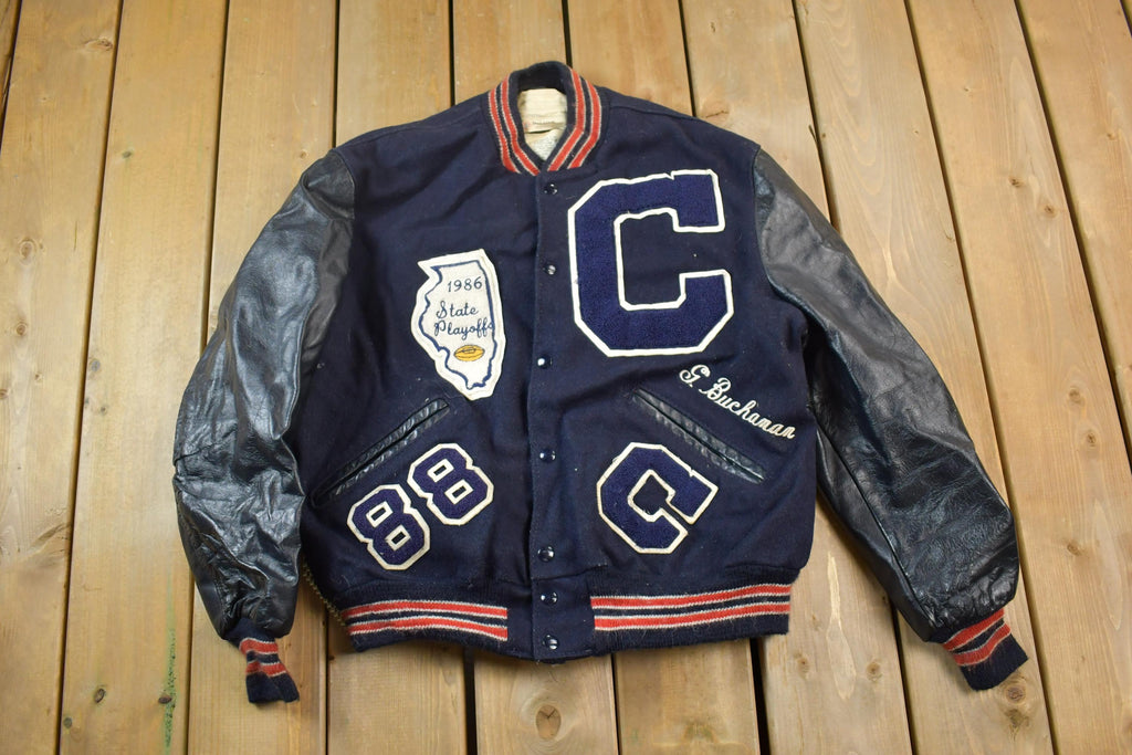 Vintage 1986 Canat H.S State Playoffs Leather & Wool Varsity 88 Captain Jacket Made In USA
