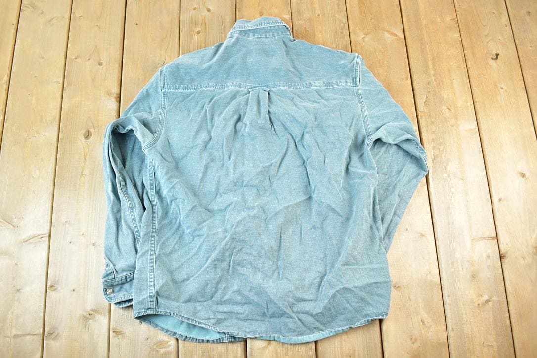 Vintage 1990s Eddie Bauer Denim Button Up Shirt Mens M  Made In USA  Vintage Quarter Button  Preppy Button Up